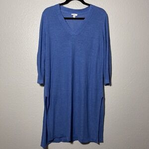 J. Jill Wearever Double V-Neck Ottoman Knit Tunic Blue Linen Blend M Oversized